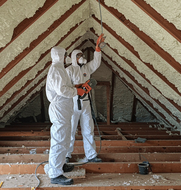 Two men in loft removing spray foam